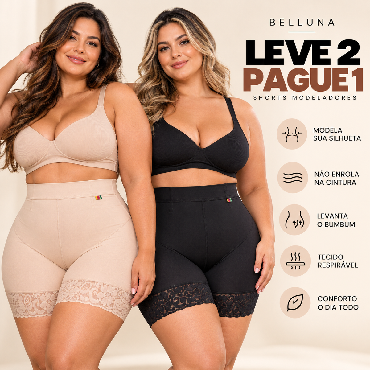 Kit 2 Shorts Modeladores e Levanta BumBum que Não Enrolam (PAGUE 1 LEVE 2 + BRINDE EXCLUSIVO)